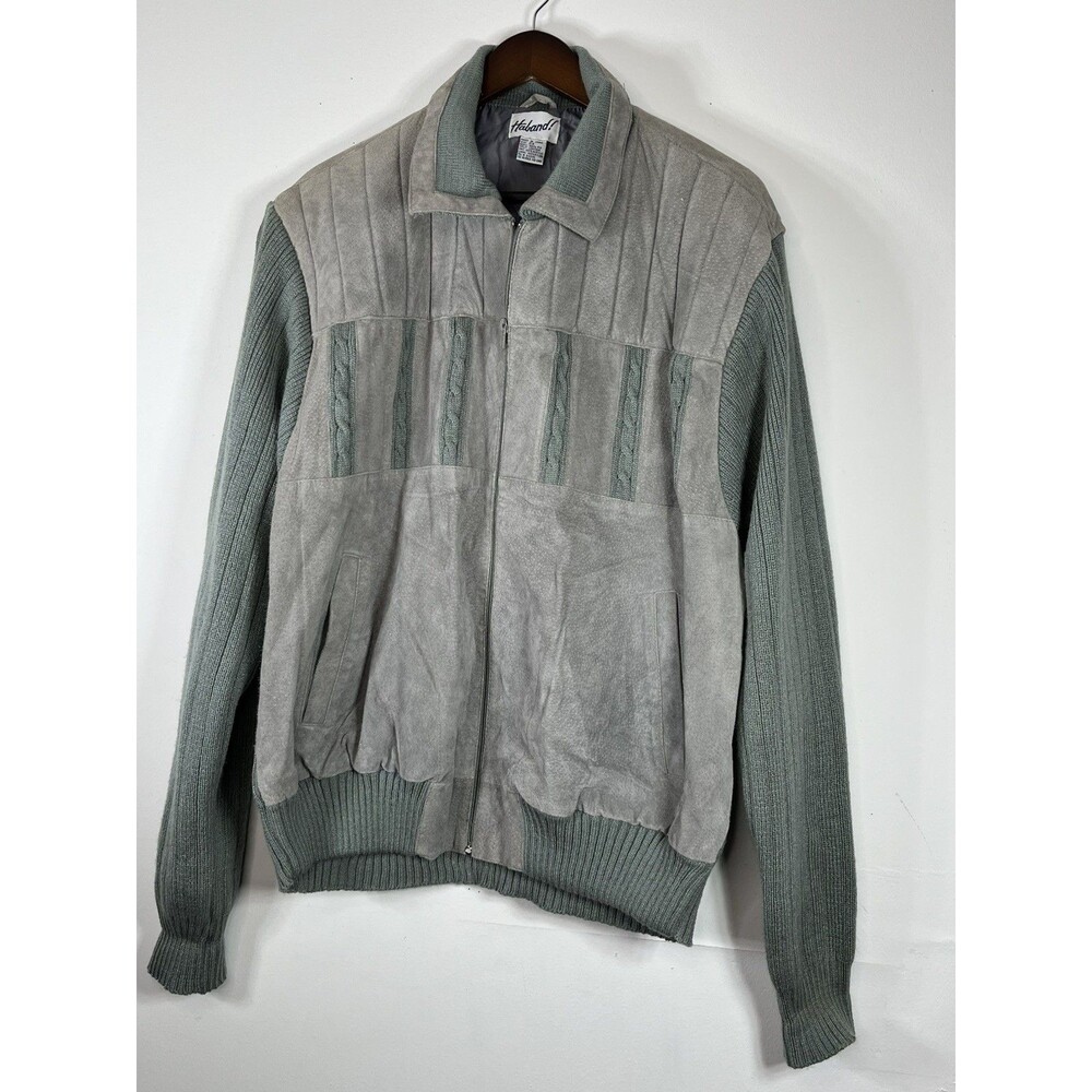 Vintage Haband Pig Leather  Jacket Mens 2x Knit Sleeve Back Zip Grandpacore Grn